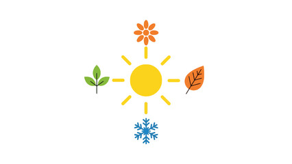 A whimsical illustration with sun, leaves, flower, and snowflake, representing the seasons
