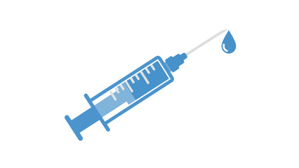 A medical illustration of a syringe with a clear liquid drop at the needle's end