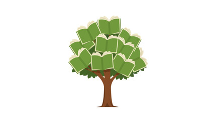 A cartoon illustration depicts a tree whose foliage is composed of open books. Its trunk is brown