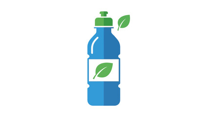 A stylized illustration depicting a blue water bottle with a green cap and leaf icon