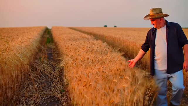 A farmer surveys a golden wheat field at sunset, touching the crop with a straw hat