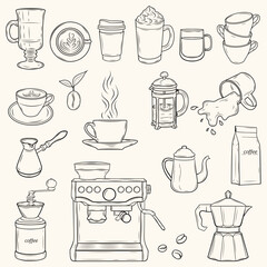 Coffee Clipart Set – Hand Drawn Line Art Coffee Machines, Cups, Beans, Drinks and Brewing Tools – Outline Illustration Collection