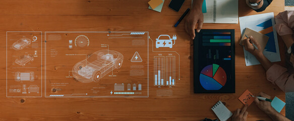 A dynamic workspace scene showcasing a cutting-edge digital interface for automotive analytics, highlighting team collaboration and innovative design solutions. Trope