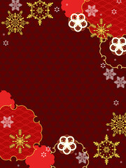 和風の華やかな年賀用素材、縦型のテンプレート、赤色と金色が華やか