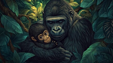 A loving gorilla mother and her baby in a lush jungle