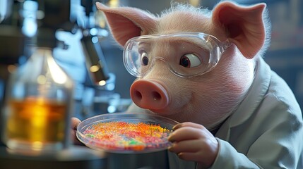A pig scientist examines colorful samples in a lab