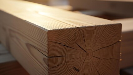 Detailed view of timber beam end grain, showcasing natural wood texture and precise annual rings.