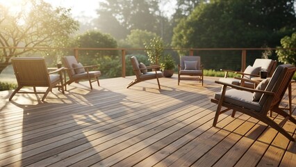Obraz premium Warm sunlight illuminates an empty residential deck with stylish wooden chairs outdoors