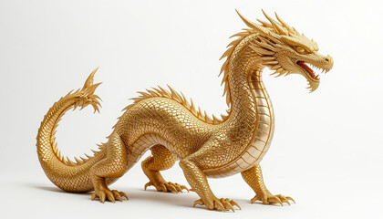 Fototapeta premium Golden dragon sculpture isolated on clean white background, detailed mythical creature design with textured scales and elegant form for creative fantasy art projects 