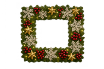 Christmas wreath frame with snowflakes, red berries, golden stars, and fairy lights on transparent background