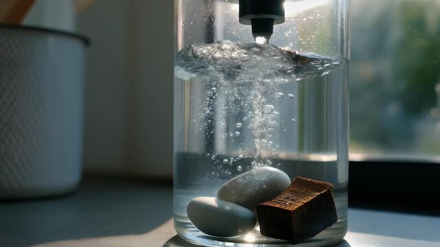 Close up of water stream pouring into glass container with shungite stones for filtration.