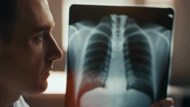 Close up of a physician carefully inspecting a chest x-ray, focused on lung health and medical diagnosis