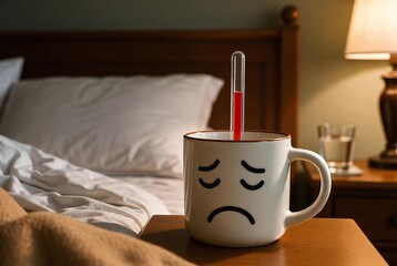 Cozy Bedroom Nightstand Scene: Mug of Hot Drink, Thermometer, and Sad Emotion Reflecting Illness and Comfort at Home