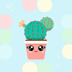 Cute cactus succulent plant in a pot, flowering house plant character