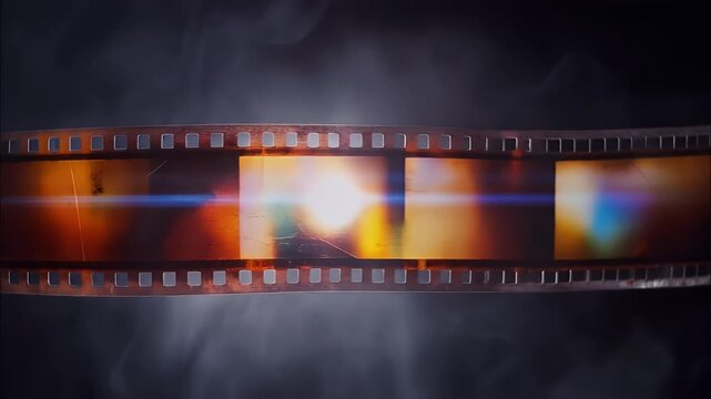 Horizontal scrolling vintage 35mm film strip with light leaks and smoke texture background.