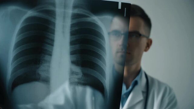Professional male doctor in a lab coat and glasses carefully analyzing a patient's chest x-ray scan for diagnosis