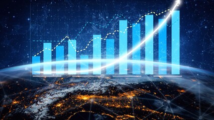 This stunning image showcases a futuristic data analytics visualization featuring bar graphs and a world map, symbolizing financial growth and progress. Copula