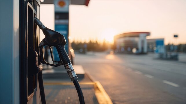 Fuel pump at a deserted gas station during sunset, showcasing a peaceful evening atmosphere and the quiet end to a busy day