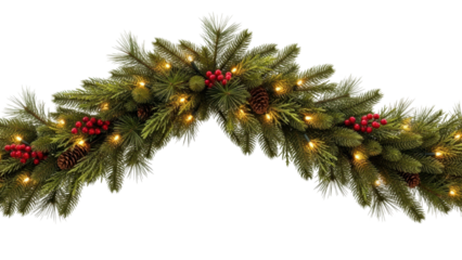 Festive holiday garland with lights and berries home decor christmas celebration cozy atmosphere close-up view. Isolated on transparent background, png.