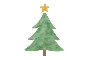 Fototapeta premium Christmas tree with yellow star, watercolor illustration, minimalist design, festive holiday concept, transparent background