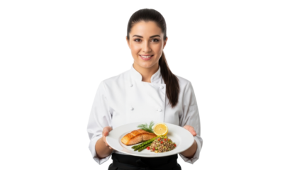 Culinary expert presenting grilled salmon dish kitchen setting food photography bright lighting professional chef. Isolated on transparent background, png.