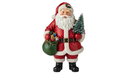 Festive santa claus figurine holding gifts home decor christmas cheer indoor close-up holiday spirit. Isolated on transparent background, png.