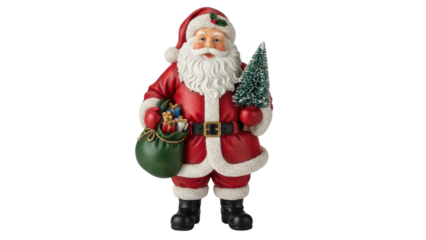 Festive santa claus figurine holding gifts home decor christmas cheer indoor close-up holiday spirit. Isolated on transparent background, png.