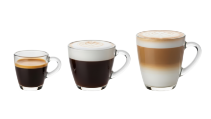 Savoring coffee varieties espresso americano and latte in a cozy close-up beverage photography. Isolated on transparent background, png.
