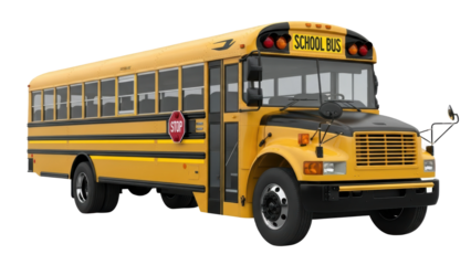 School bus arriving at school educational setting vehicle image daytime side view children's transportation. Isolated on transparent background, png.