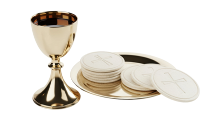Communion ceremony elements church religious artifacts indoor close-up spiritual significance. Isolated on transparent background, png.