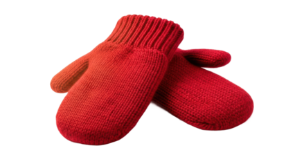 Cozy red mittens for winter fun home product photography indoor close-up warmth and comfort. Isolated on transparent background, png.