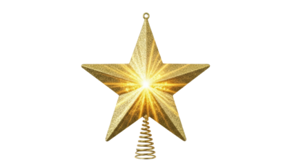 Golden star ornament shining bright holiday decor indoor celebration festive atmosphere close-up view. Isolated on transparent background, png.