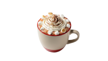 Enjoying indulgent hot chocolate with whipped cream and marshmallows in a cozy home setting. Isolated on transparent background, png.