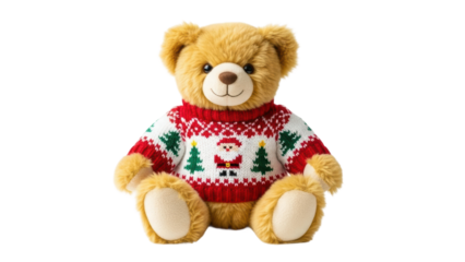 Festive bear in christmas sweater cozy home plush toy holiday vibes front view joyful spirit. Isolated on transparent background, png.