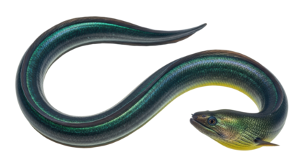 Eel encounter electric eel swimming in freshwater habitat underwater scene nature photography. Isolated on transparent background, png.