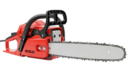 Fototapeta premium Cutting wood with electric chainsaw in workshop detailed equipment overview focused perspective. Isolated on transparent background, png.