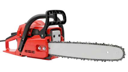 Cutting wood with electric chainsaw in workshop detailed equipment overview focused perspective. Isolated on transparent background, png.