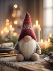 A vertical, close-up of a festive Scandinavian gnome doll (nisse/tomte) with a white beard, pointed red knitted hat, and simple felt body. It sits on a woven placemat and wooden table
