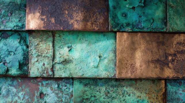 Medium shot of copper roof panels under natural weathering conditions revealing varied textures and greenishblue patina from environmental exposure.