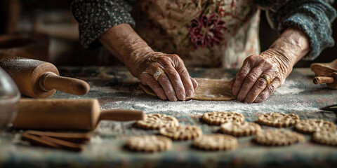 Artistic composition of aged hands pressing cookie shapes into dough, old wedding ring, small holiday pin on apron visible, baking tools and cinnamon around, shallow depth of field