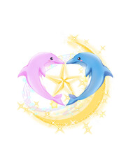 This romantic and magical illustration features two dolphins (pink and blue) jumping in a heart shape against a backdrop of a luminous golden crescent moon and a large, sparkling star. 
