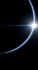 Obraz premium A distant planet in deep space is dramatically illuminated by a brilliant sun, casting a prominent lens flare and highlighting its curved blue atmosphere against the dark cosmos.