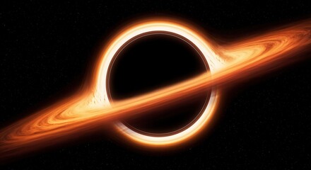 A vibrant accretion disk of superheated orange and yellow gas swirls around the dark event horizon of a massive black hole set against a starry cosmic background.