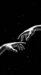 Two metallic silver hands reach out to almost touch each other against a dark, star-filled cosmic background, symbolizing connection, creation, and digital interaction.