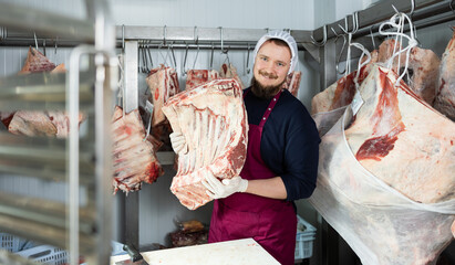 Young bearded butcher shop seller in maroon apron and white hairnet preparing beef cuts for sale at cutting table in storage room, against background on raw meat slabs hanging on hooks