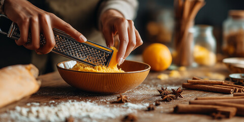 Close-up of a person zesting a fresh orange over a bowl of spiced dough, visible hands and grater, rustic wooden countertop, cinnamon sticks and flour scattered, warm kitchen lighting