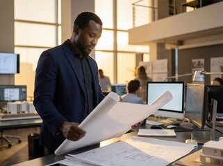 Focused architect reviewing project blueprints in a modern office at sunset.