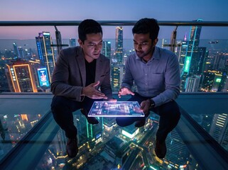 Two diverse architects discuss a project using a futuristic tablet on a skyscraper.