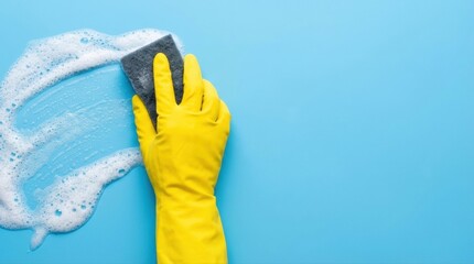Hand in a yellow rubber glove cleaning a blue surface with a sponge and soapy foam.