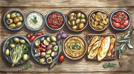 Assorted Mediterranean tapas on a wooden table